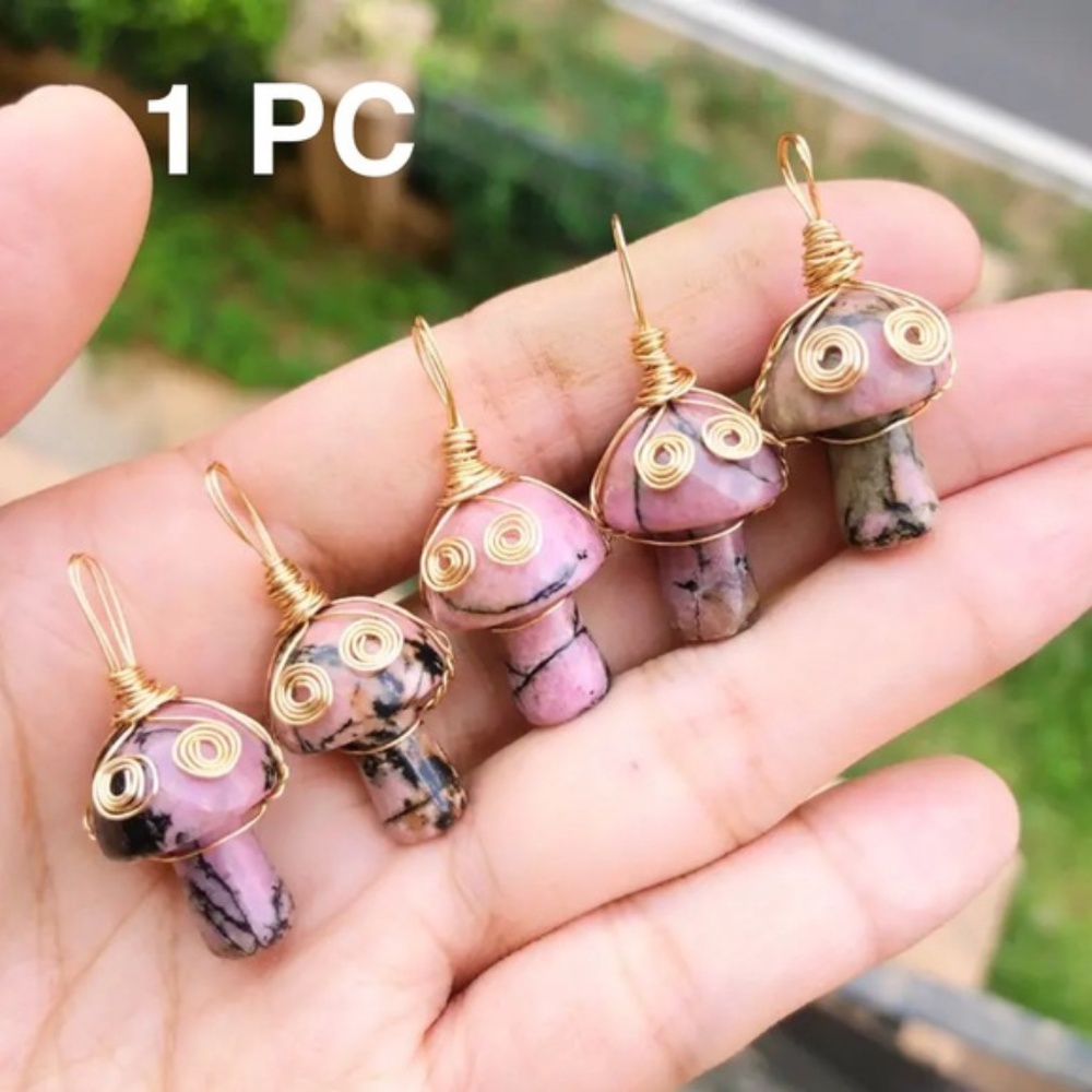 Rhodonite Natural Stone Crystal Mushroom Pendant Necklace